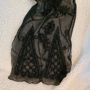 DKNY Heavily Beaded Sheer Black Scarf Wrap